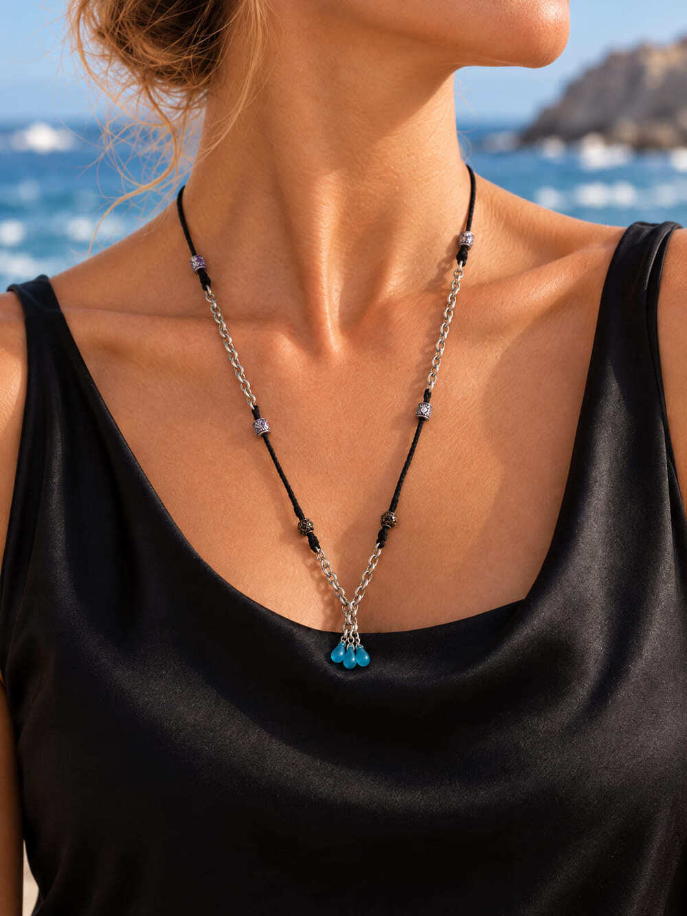⚜️ Boho Beaded Necklace | Silver-Tone Chain & Black Cord | Blue Glass 💗